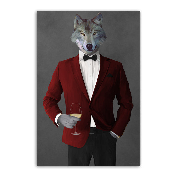 Wolf Drinking White Wine Wall Art - Red and Black Suit