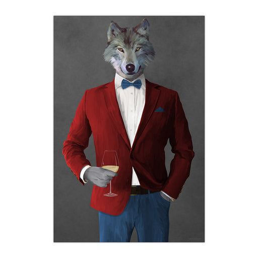 Wolf Drinking White Wine Wall Art - Red and Blue Suit