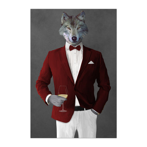 Wolf Drinking White Wine Wall Art - Red and White Suit