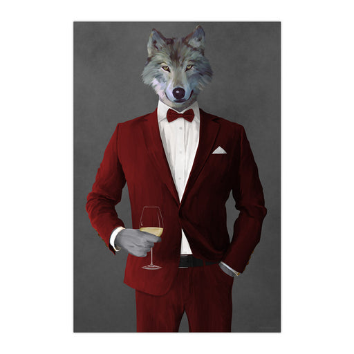 Wolf Drinking White Wine Wall Art - Red Suit