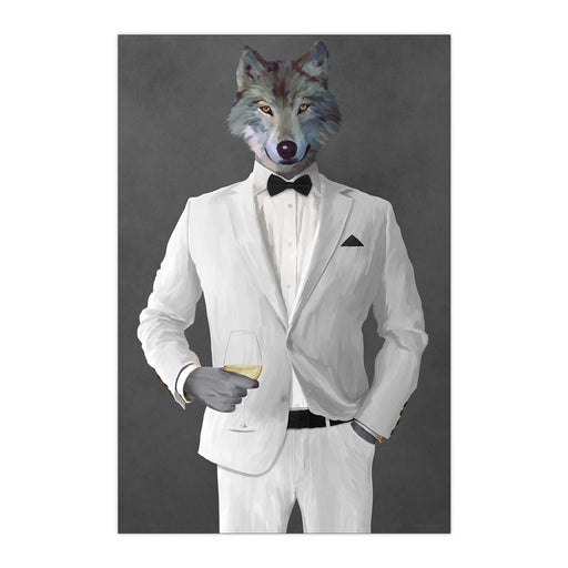 Wolf Drinking White Wine Wall Art - White Suit