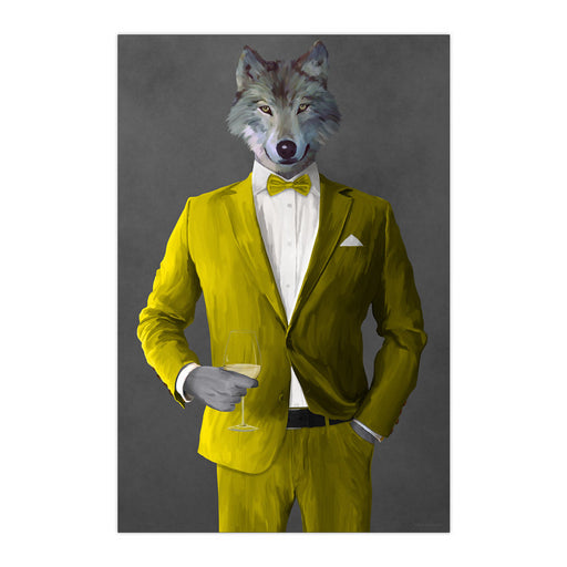 Wolf Drinking White Wine Wall Art - Yellow Suit