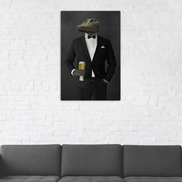 Alligator Drinking Beer Wall Art - Black Suit
