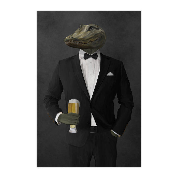 Alligator Drinking Beer Wall Art - Black Suit