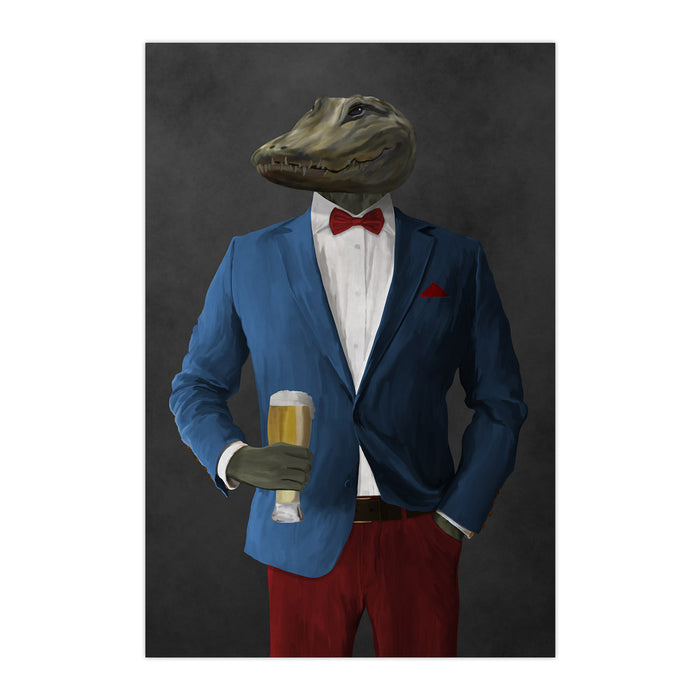 Alligator Drinking Beer Wall Art - Blue and Red Suit