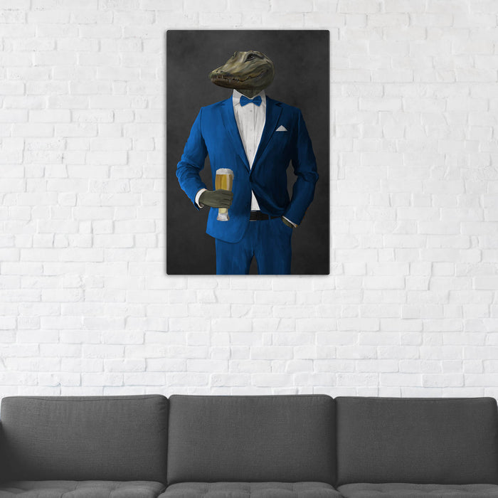 Alligator Drinking Beer Wall Art - Blue Suit