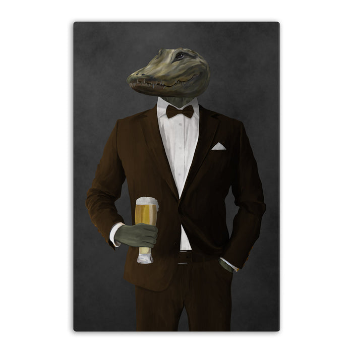Alligator Drinking Beer Wall Art - Brown Suit