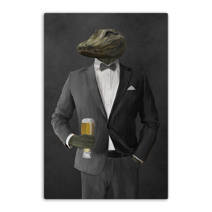 Alligator Drinking Beer Wall Art - Gray Suit