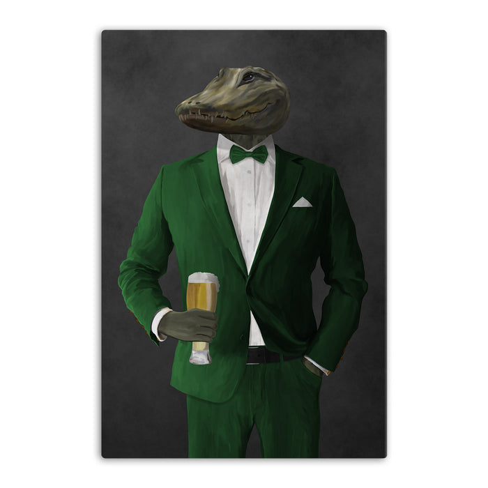Alligator Drinking Beer Wall Art - Green Suit
