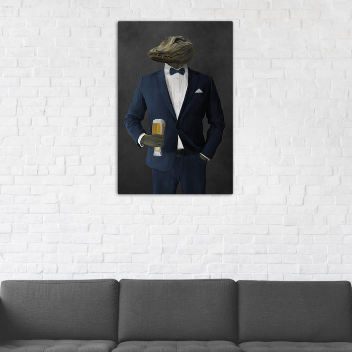 Alligator Drinking Beer Wall Art - Navy Suit