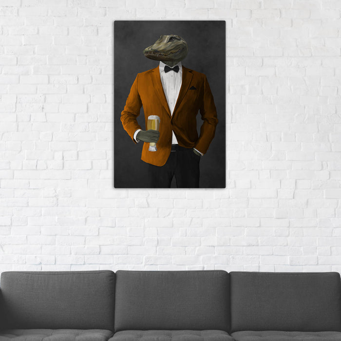 Alligator Drinking Beer Wall Art - Orange and Black Suit