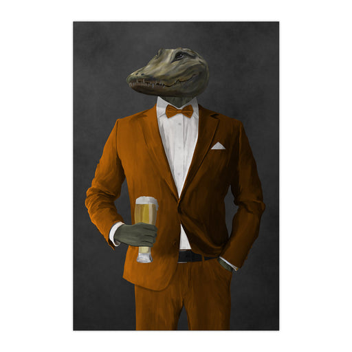 Alligator Drinking Beer Wall Art - Orange Suit