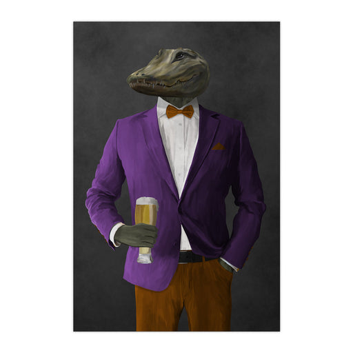 Alligator Drinking Beer Wall Art - Purple and Orange Suit