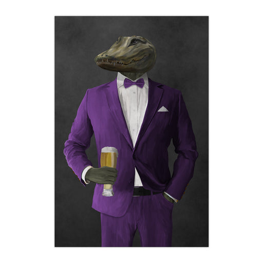 Alligator Drinking Beer Wall Art - Purple Suit