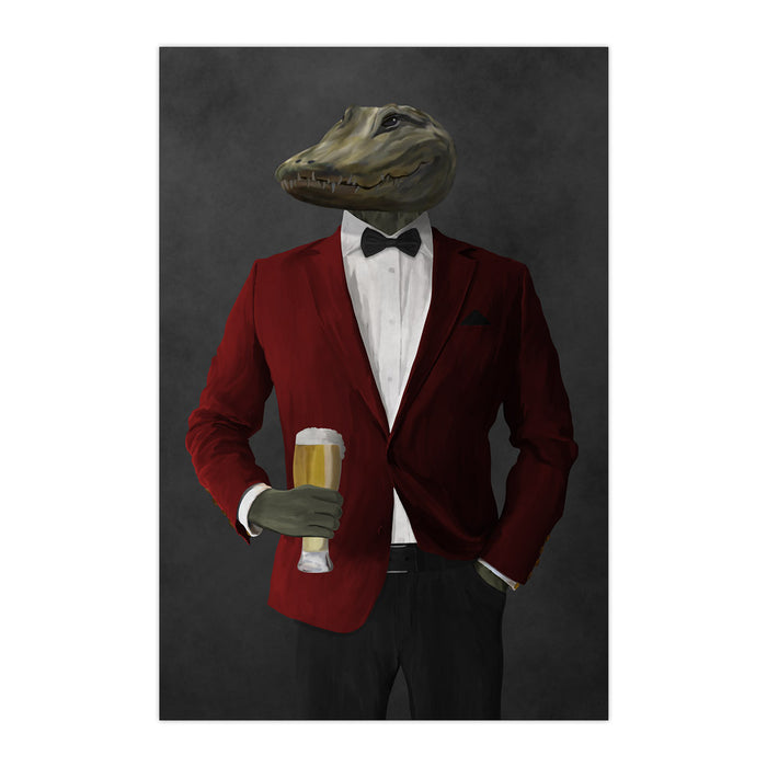 Alligator Drinking Beer Wall Art - Red and Black Suit