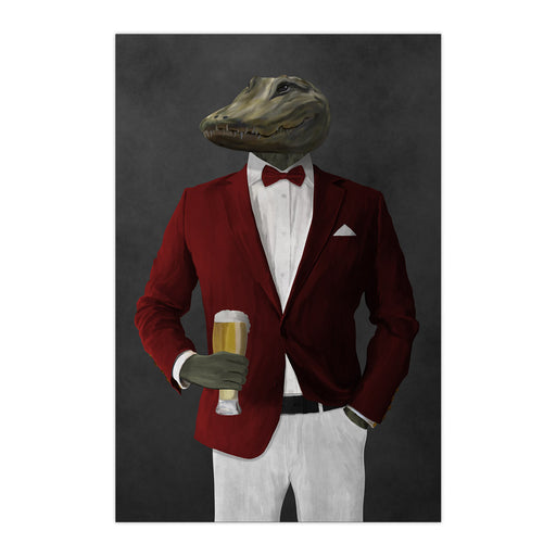 Alligator Drinking Beer Wall Art - Red and White Suit