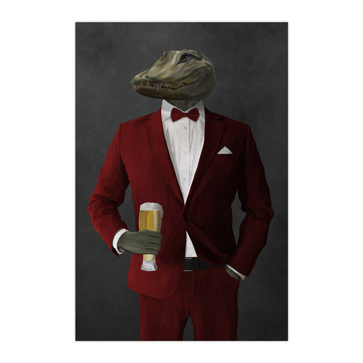 Alligator Drinking Beer Wall Art - Red Suit