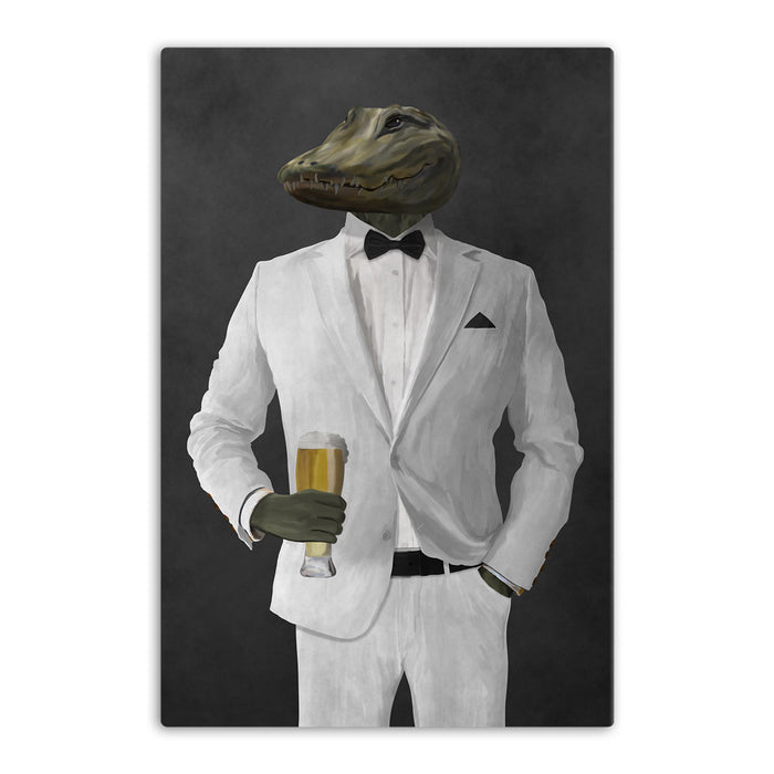 Alligator Drinking Beer Wall Art - White Suit