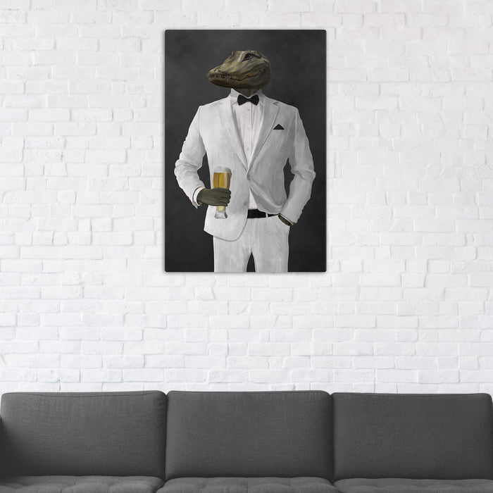 Alligator Drinking Beer Wall Art - White Suit