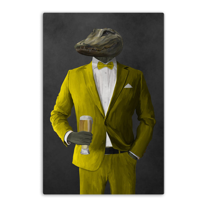 Alligator Drinking Beer Wall Art - Yellow Suit