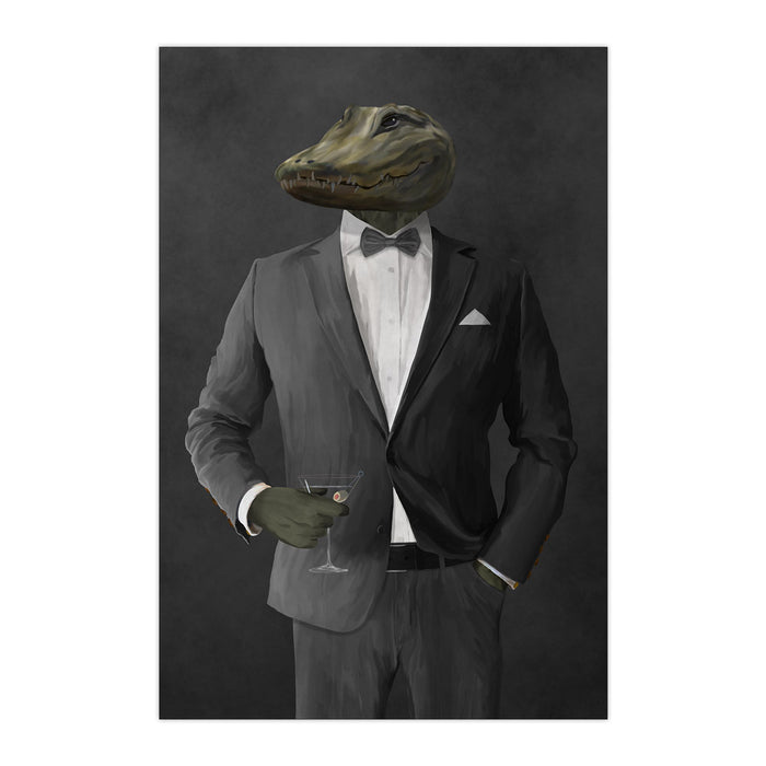 Alligator Drinking Martini Wall Art - Gray Suit