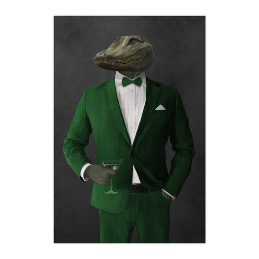 Alligator Drinking Martini Wall Art - Green Suit