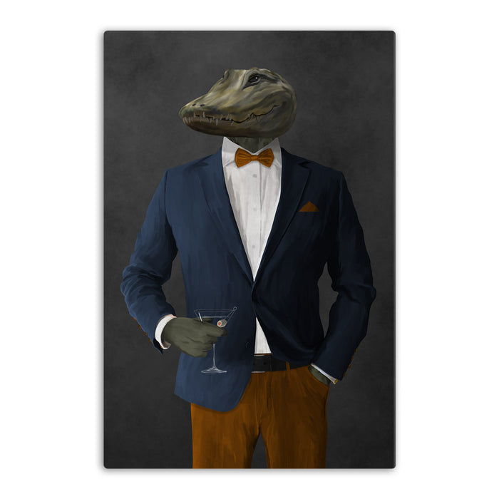 Alligator Drinking Martini Wall Art - Navy and Orange Suit