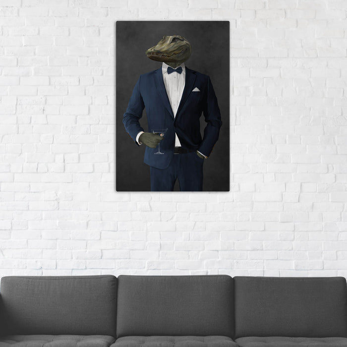 Alligator Drinking Martini Wall Art - Navy Suit