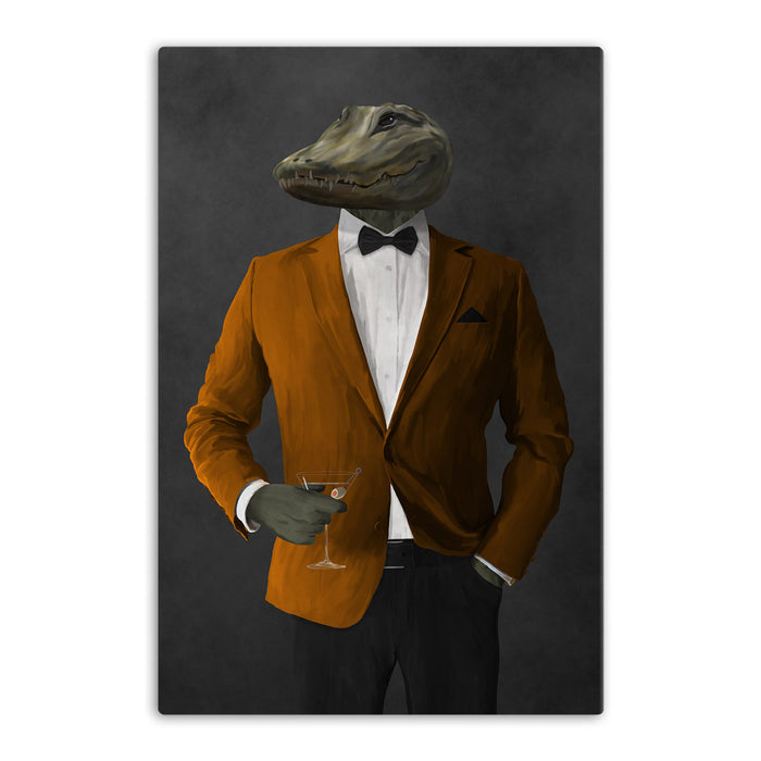 Alligator Drinking Martini Wall Art - Orange and Black Suit