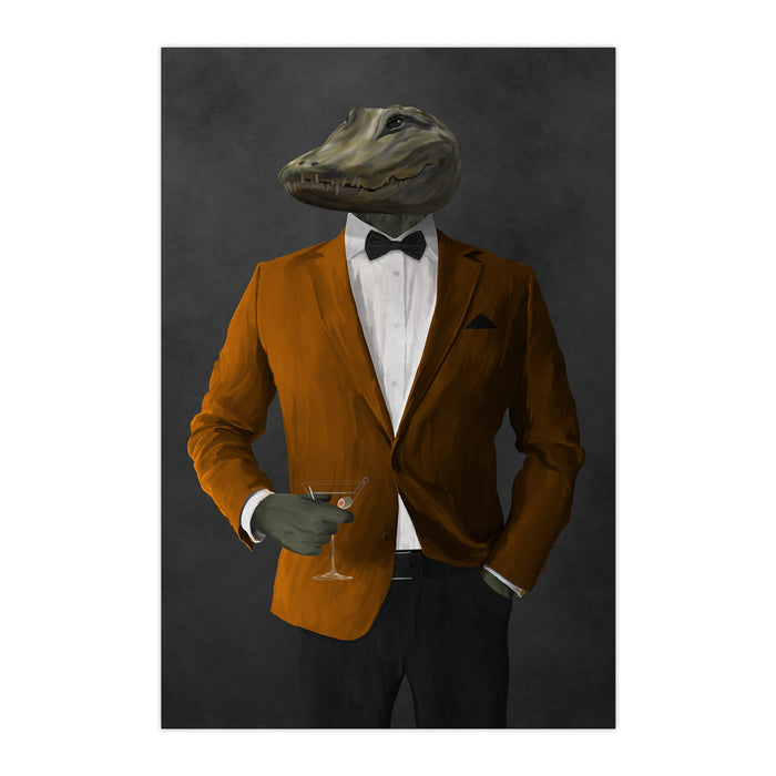 Alligator Drinking Martini Wall Art - Orange and Black Suit