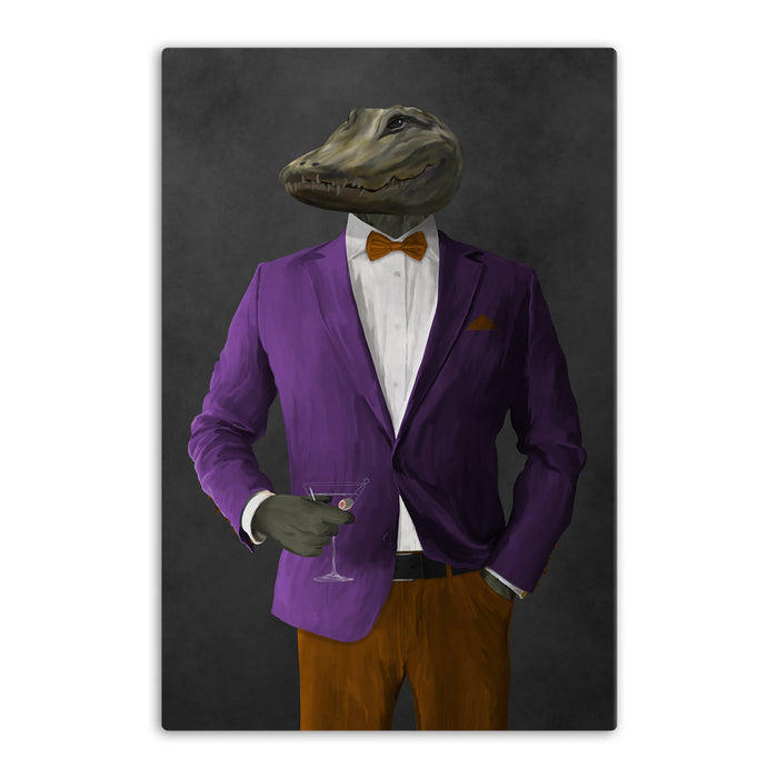 Alligator Drinking Martini Wall Art - Purple and Orange Suit