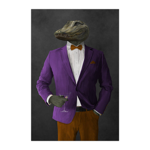 Alligator Drinking Martini Wall Art - Purple and Orange Suit