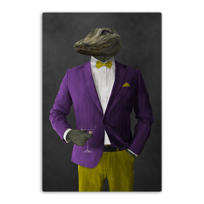 Alligator Drinking Martini Wall Art - Purple and Yellow Suit