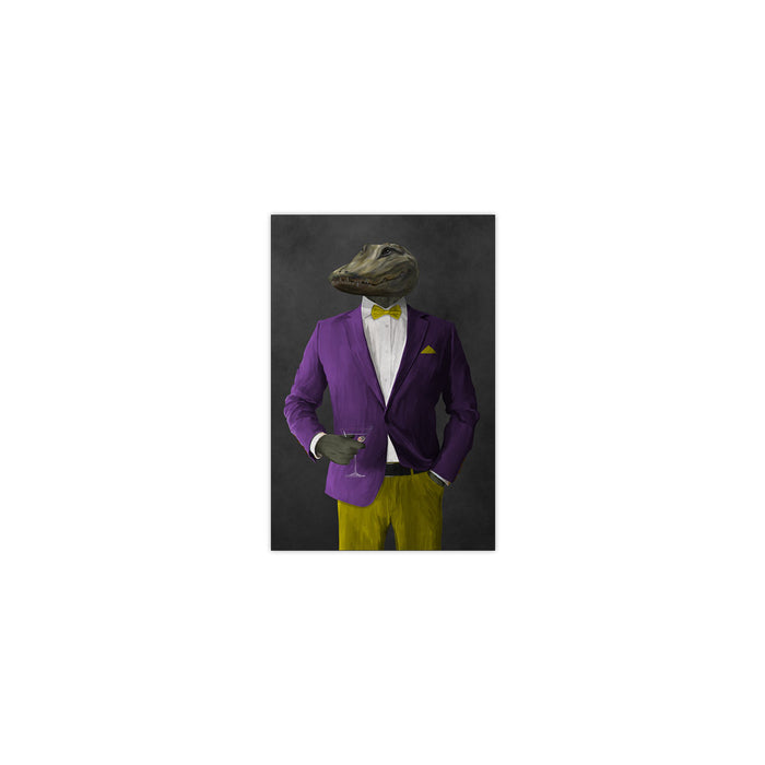 Alligator Drinking Martini Wall Art - Purple and Yellow Suit