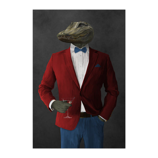 Alligator Drinking Martini Wall Art - Red and Blue Suit