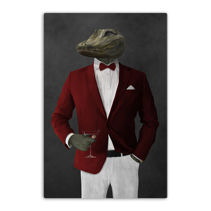 Alligator Drinking Martini Wall Art - Red and White Suit