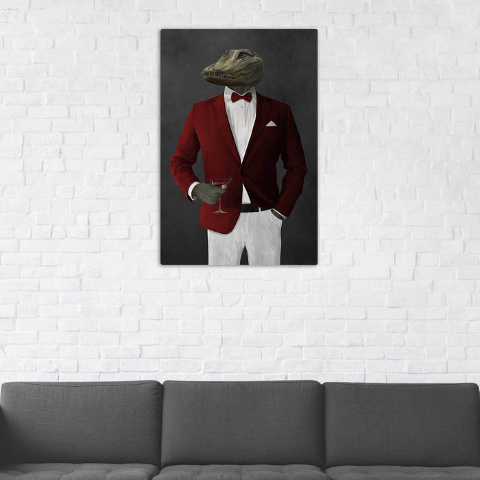 Alligator Drinking Martini Wall Art - Red and White Suit