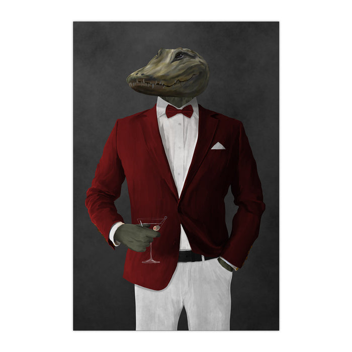Alligator Drinking Martini Wall Art - Red and White Suit
