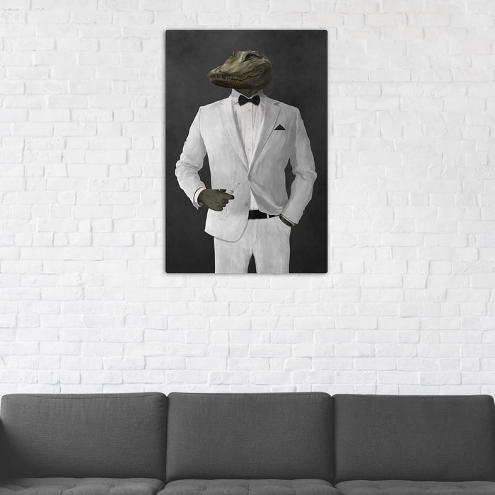 Alligator Drinking Martini Wall Art - White Suit