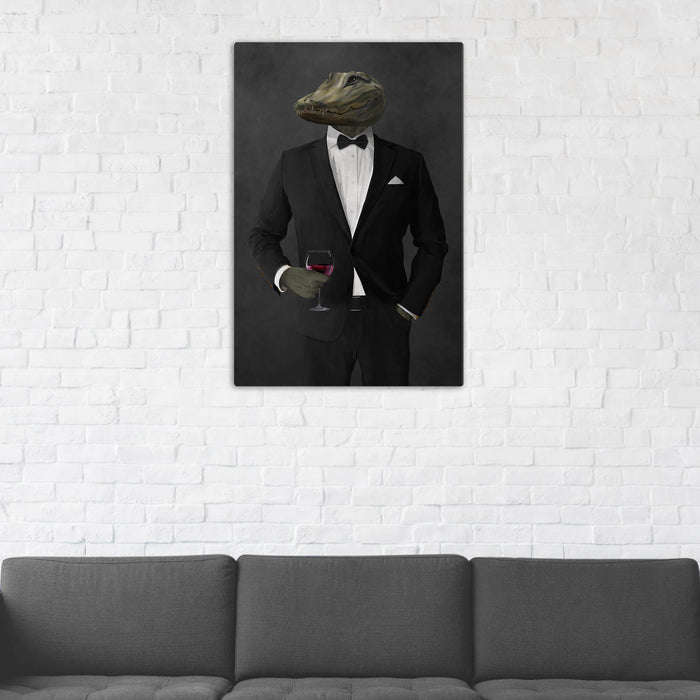 Alligator Drinking Red Wine Wall Art - Black Suit