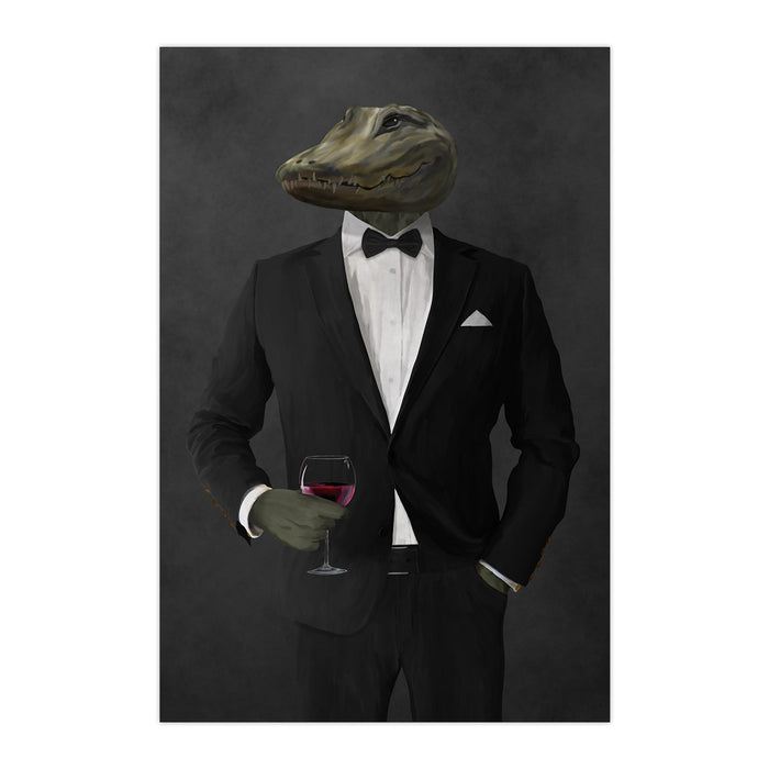 Alligator Drinking Red Wine Wall Art - Black Suit