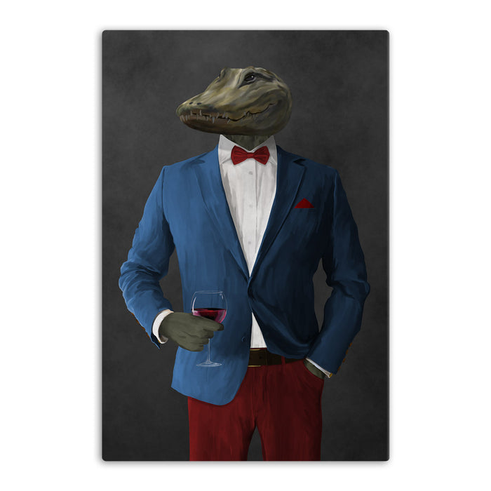 Alligator Drinking Red Wine Wall Art - Blue and Red Suit