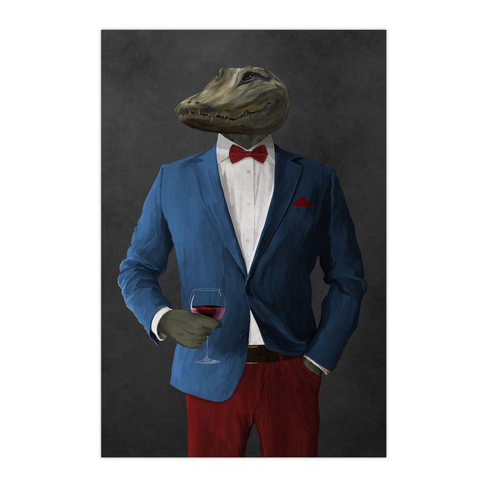 Alligator Drinking Red Wine Wall Art - Blue and Red Suit