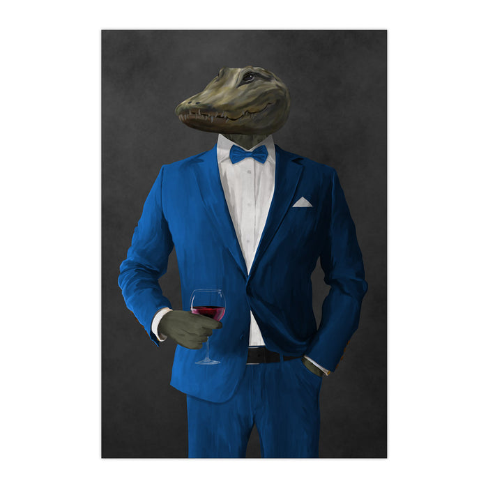 Alligator Drinking Red Wine Wall Art - Blue Suit