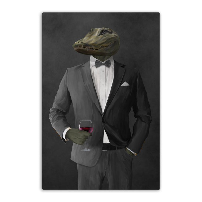 Alligator Drinking Red Wine Wall Art - Gray Suit