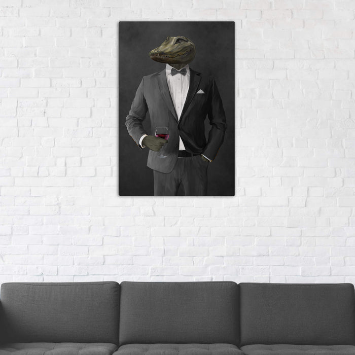 Alligator Drinking Red Wine Wall Art - Gray Suit