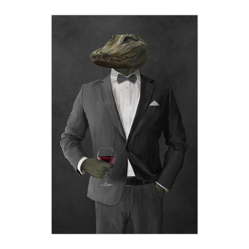 Alligator Drinking Red Wine Wall Art - Gray Suit