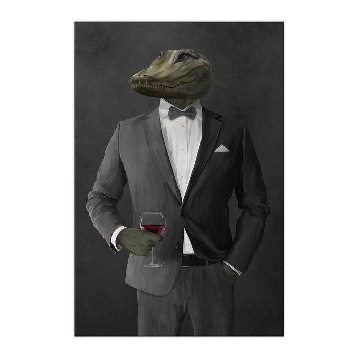 Alligator Drinking Red Wine Wall Art - Gray Suit