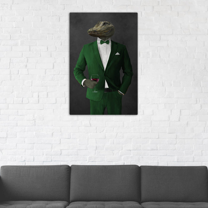 Alligator Drinking Red Wine Wall Art - Green Suit