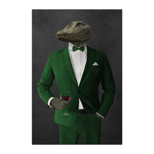 Alligator Drinking Red Wine Wall Art - Green Suit